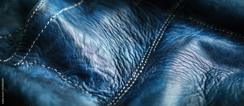Poster close-up view of textured blue leather with visible stitching details and natural creases for reflec