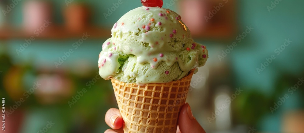 Aufkleber Mint ice cream served in a waffle cone topped with cherry and colorful sprinkles with blurred background and copy space