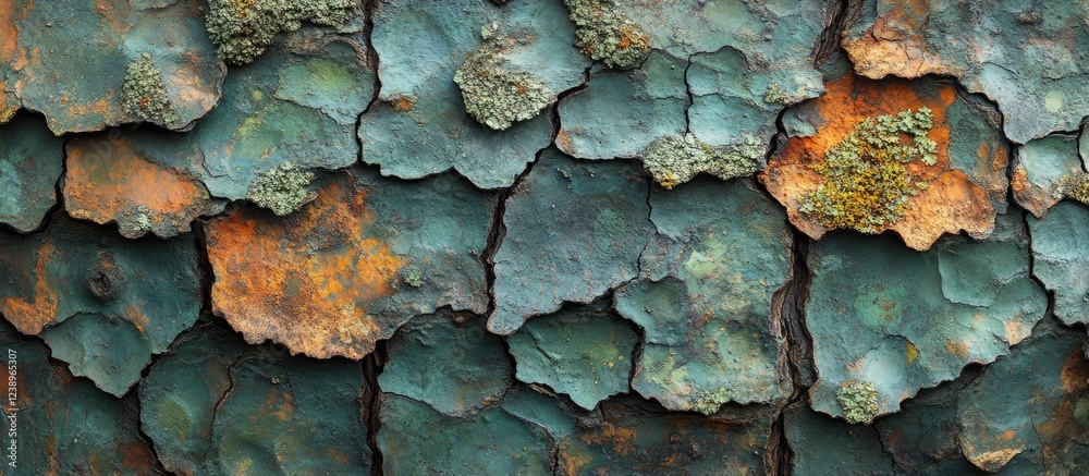 Aufkleber Textured close-up of weathered bark showcasing layers of peeling paint and natural lichen in various colors and patterns Copy Space