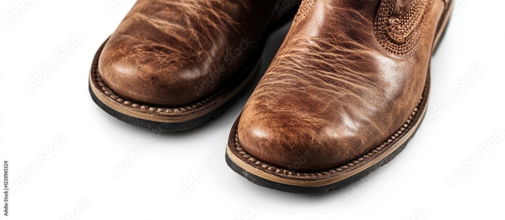 Poster brown leather boots close-up on white background with visible texture and design details copy space