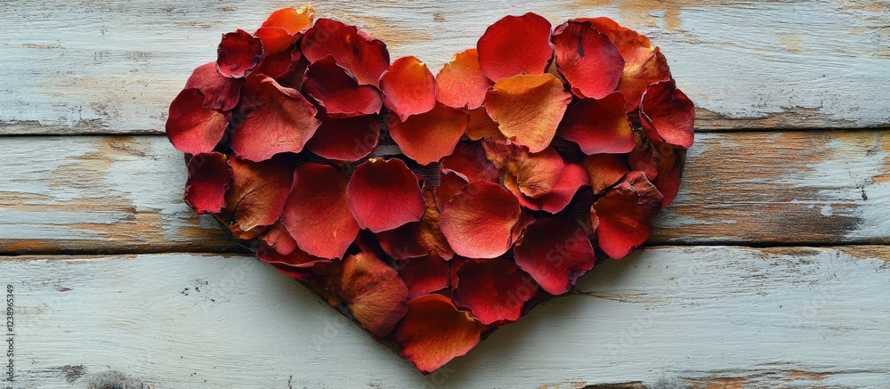 Poster heart shape made of red rose petals on rustic wooden background with textured surface perfect for ro