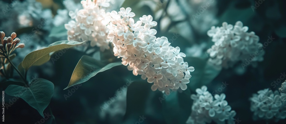 Poster white lilac flowers blooming in soft light with lush green leaves background and ample copy space fo