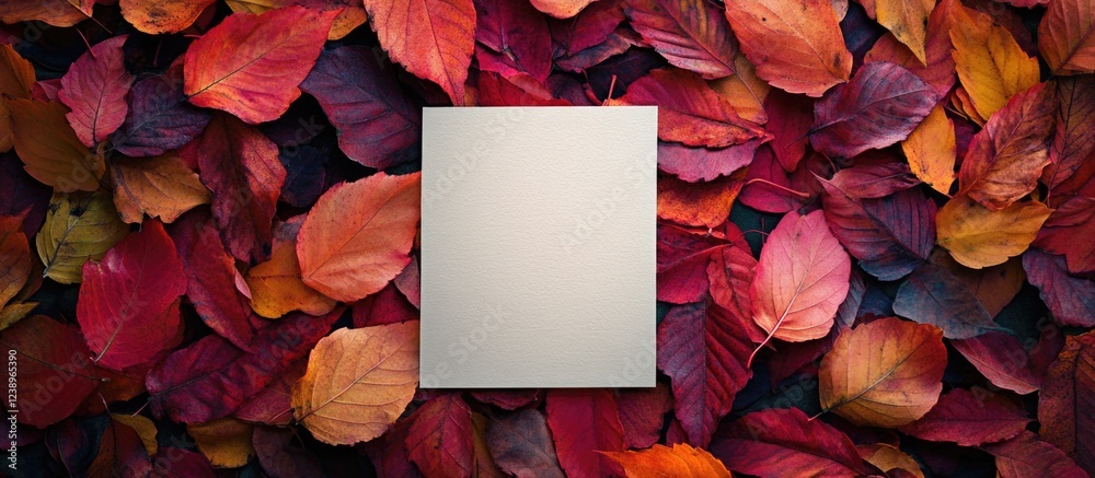 Poster blank canvas on vibrant autumn leaves background with warm colors and textures copy space