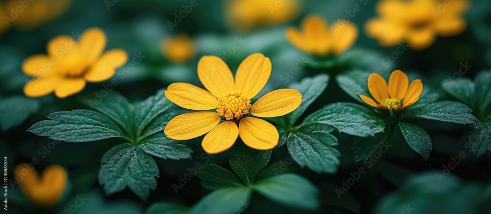 Poster yellow wildflowers surrounded by green leaves in a natural setting with depth of field and copy spac