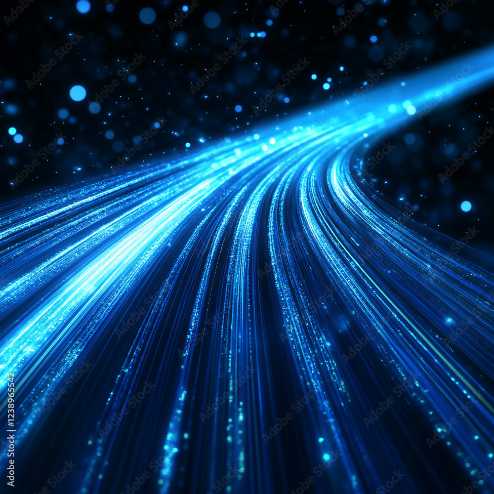 Poster abstract digital blue light streaks flowing across the dark space with glowing particles, representi