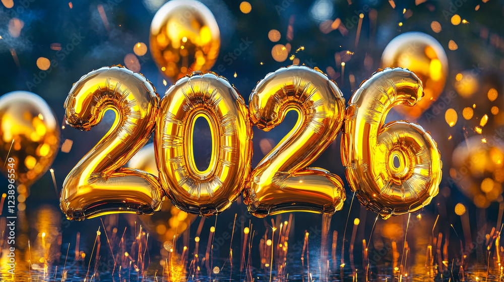 Poster Balloon numbers representing 2026 shine brightly in a celebratory setting with festive lights and a joyful ambiance