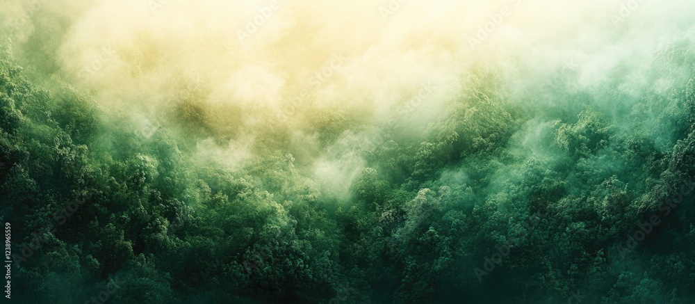 Poster foggy forest landscape with lush green trees and a golden light haze creating a mystical atmosphere 