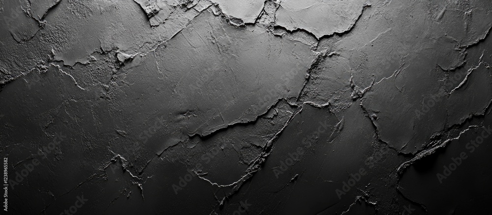 Poster Textured black wall surface with visible cracks and a matte finish showcasing abstract design elements and monochromatic tones Copy Space