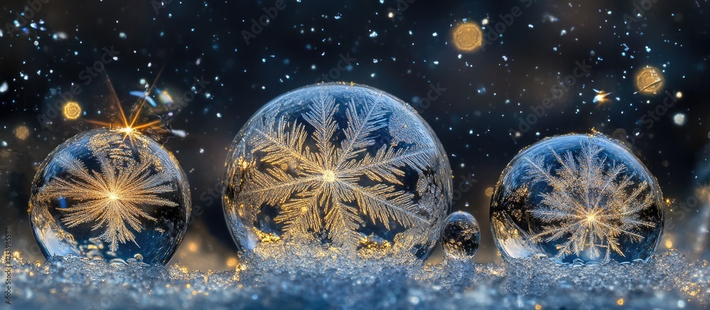 Aufkleber Three snowflake patterns encased in ice bubbles on a textured snowy surface with bokeh lights in the background Copy Space