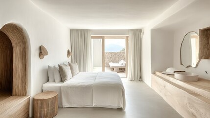 A bright, airy room with a white and wood theme. Minimalist decor, natural materials, and warm lighting make the space feel inviting and serene.