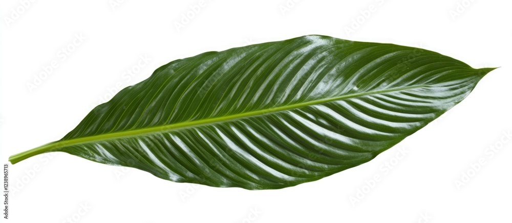 Poster large glossy green tropical leaf with prominent rib and intricate texture isolated on white backgrou
