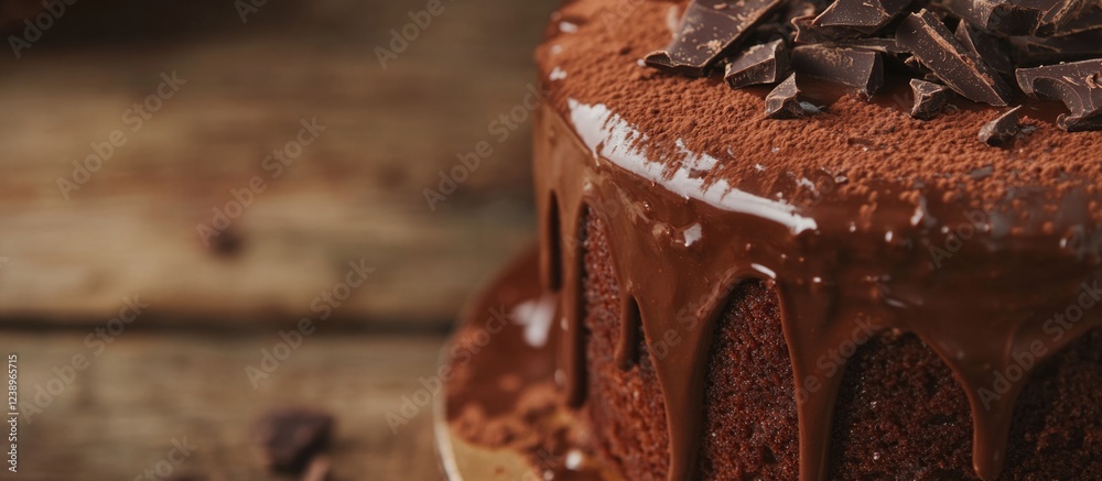 Aufkleber chocolate cake with dripping chocolate ganache and chocolate shavings on top with wooden background 