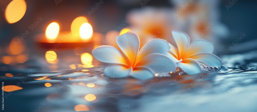 Poster white flowers with yellow center floating on water surface beside blurred candles in soft focus back