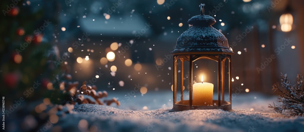 Aufkleber Snowy outdoor scene featuring an illuminated lantern surrounded by snowflakes and soft bokeh lights in the background Copy Space