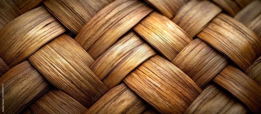 Poster close-up view of intricately woven natural fibers in various shades of brown with texture details, i