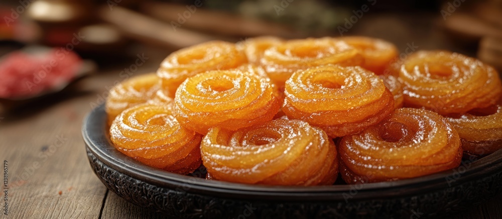 Poster traditional indian sweet dessert arranged on a decorative plate with a rustic wooden background and 