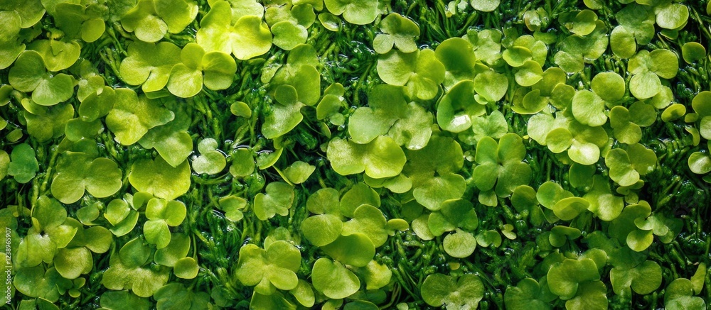 Poster Lush green aquatic plants background with overlapping leaves and natural texture suitable for various design applications. Copy Space