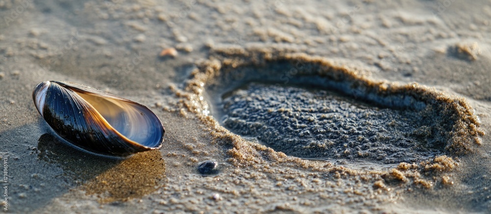 Poster mussel shell on sandy beach with water pool and textured sand in natural light copy space