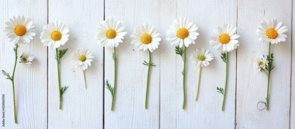 Fototapete Line of white daisies arranged in ascending height on wooden background with soft lighting and copy space for text.