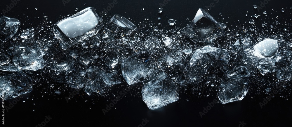Poster ice cubes splashing with water droplets on dark background in dynamic motion copy space