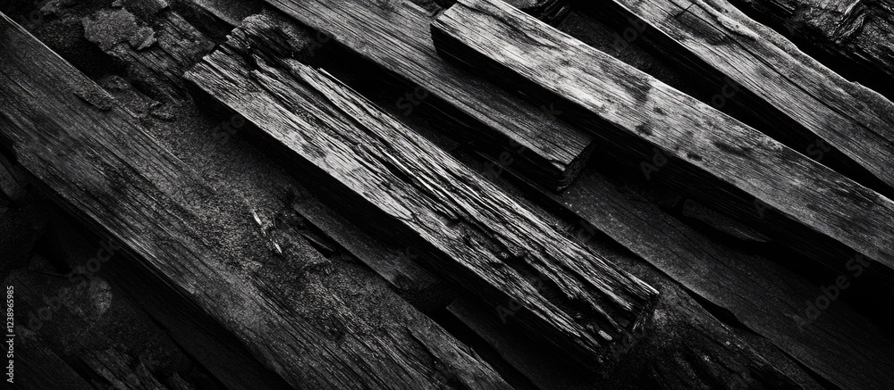 Poster textured dark wooden planks in a stacked arrangement with natural grain patterns and shadows on a fl
