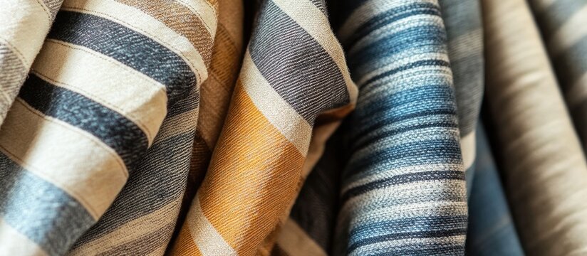 Close-up of various woven fabrics with colorful striped patterns in shades of blue, beige, and yellow showcasing texture and depth - Powered by Adobe