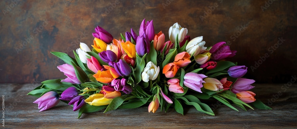 Poster colorful bouquet of mixed tulips arranged on rustic wooden surface with dark textured background and