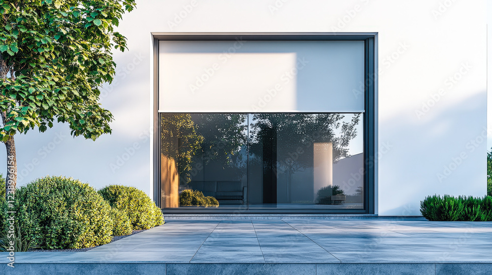 Aufkleber a sleek glass entrance with a clean design is complemented by neatly trimmed shrubs in an outdoor se