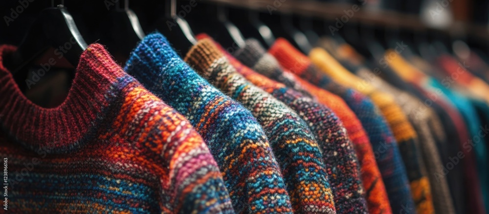 Poster colorful knitted sweaters displayed on hangers in a clothing store with warm textures and patterns c