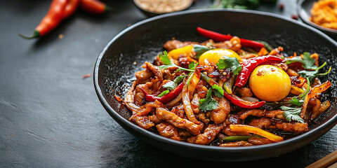 A bowl of spicy stir-fried meat with vibrant chili peppers, fresh herbs, and runny egg yolks, showcasing a fiery, flavorful, and aromatic dish.