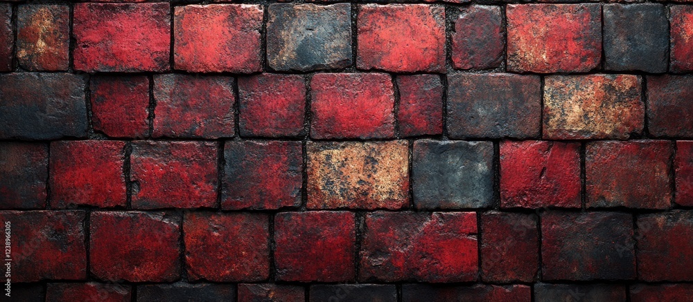 Poster textured red and black weathered brick wall background with uneven surface and copy space