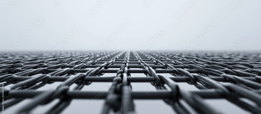 Poster close-up perspective of a metallic mesh surface with blurred horizon against a light background, sui