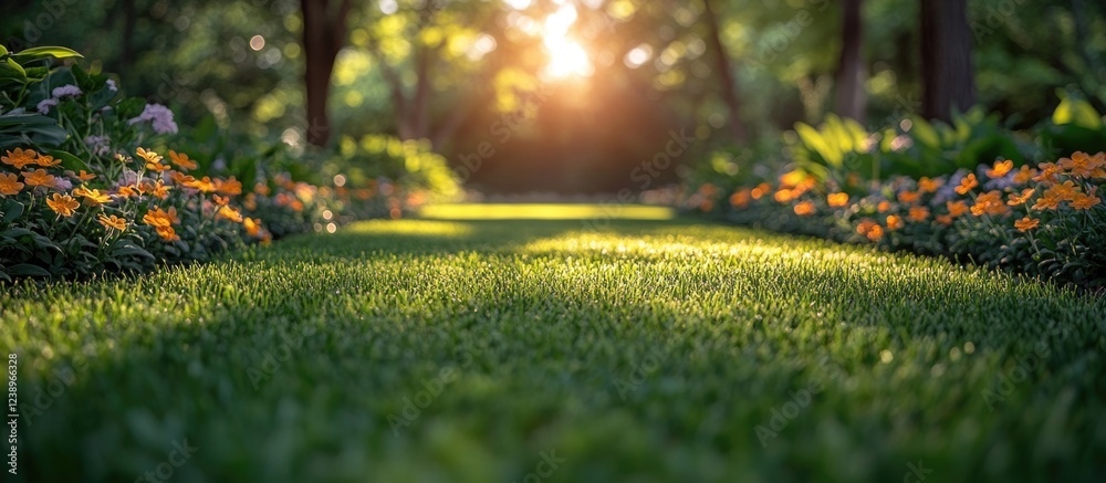 Poster lush green garden pathway with blooming flowers and sunlight filtering through trees creating a sere