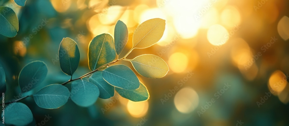 Poster green leaves with sunlight background bokeh effect natural beauty with soft focus and copy space for