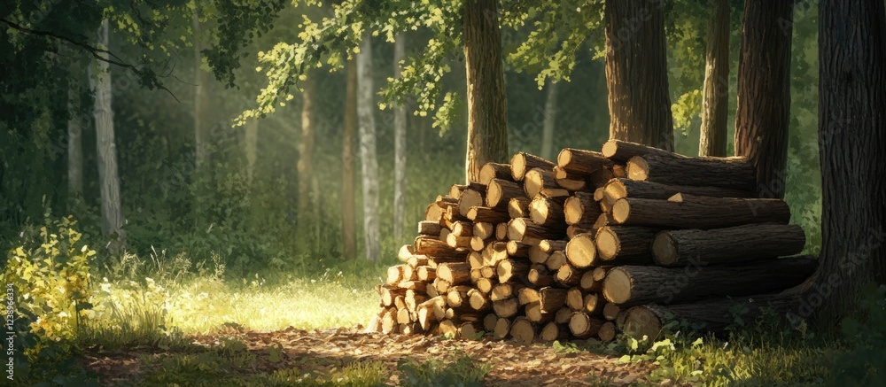 Poster Stack of freshly cut logs in a serene forest setting with dappled sunlight filtering through the trees Copy Space