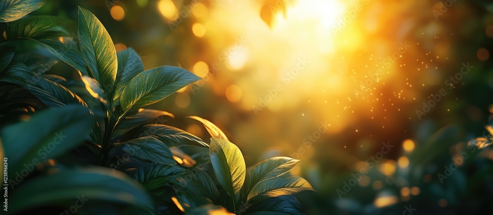 Aufkleber Lush green leaves with warm sunlight filtering through creating a natural bokeh effect and soft glowing ambiance. Copy Space