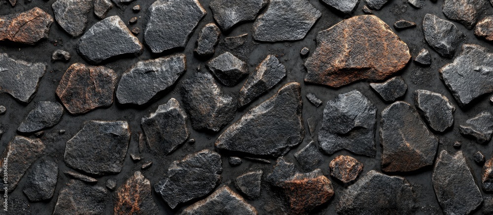 Aufkleber Textured background of irregular black and brown stones arranged closely with visible details and shadows suitable for various design applications Copy Space
