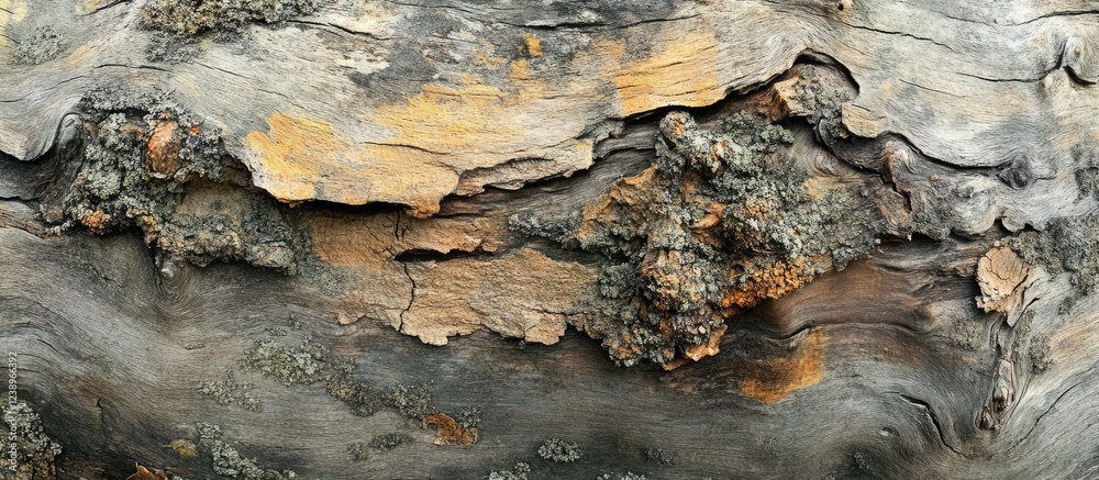Aufkleber Textured close-up of weathered wood surface with peeling bark and lichen growth suitable for backgrounds and design projects Copy Space