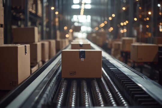Multiple cardboard box packages are seen closely packed on a conveyor system, showcasing a bustling warehouse environment and efficient logistics