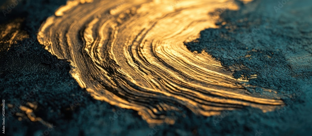 Poster Golden metallic paint swirl on textured surface with abstract patterns and details, suitable for artistic backgrounds and design elements