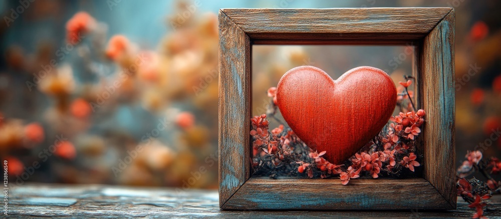 Aufkleber Wooden frame displaying a red heart surrounded by flowers with a blurred floral background and copy space for text.