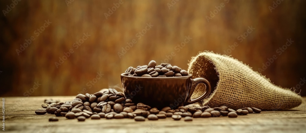 Aufkleber coffee beans in a cup with burlap sack on wooden table background copy space