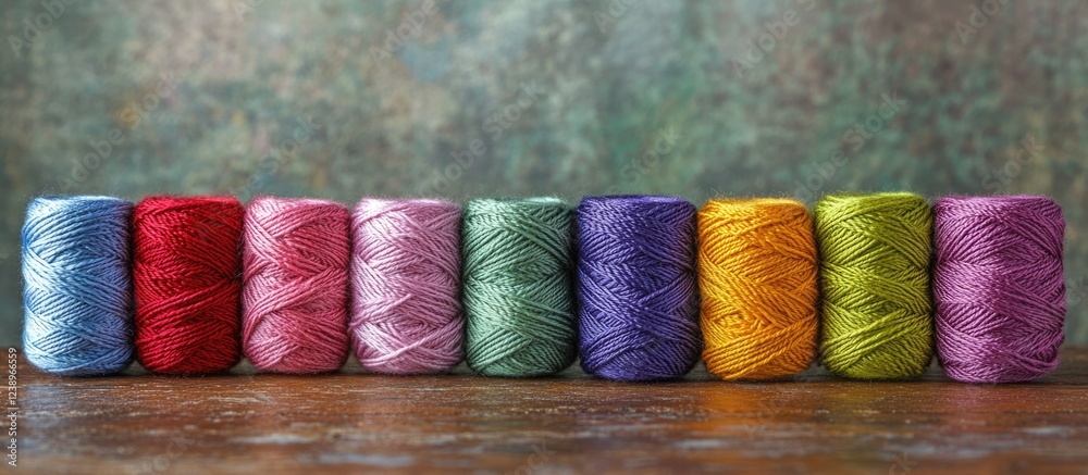 Aufkleber Colorful spools of thread displayed in a row on a wooden surface with a textured background Copy Space