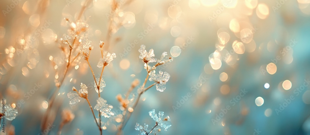 Aufkleber Delicate frost-covered flowers with soft bokeh background and warm light atmosphere suitable for various design projects Copy Space