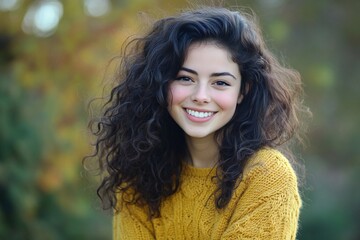 Naklejka premium smiling beautiful young woman with curly hair and yellow pullover