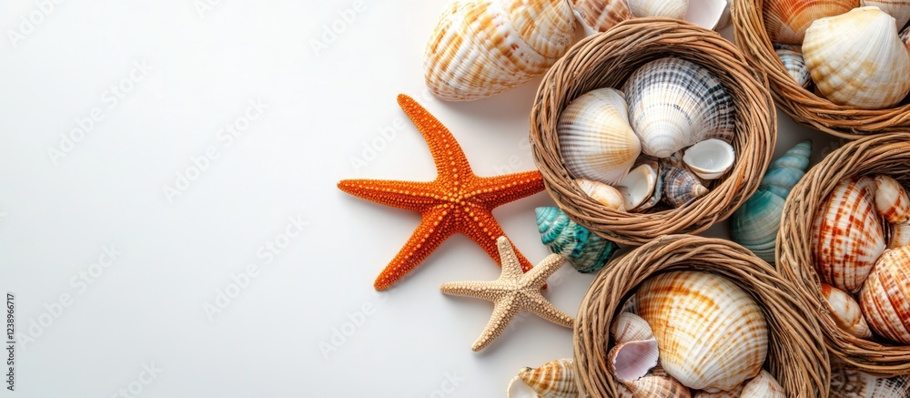Aufkleber Assorted seashells in wicker baskets with starfish on a light background with Copy Space