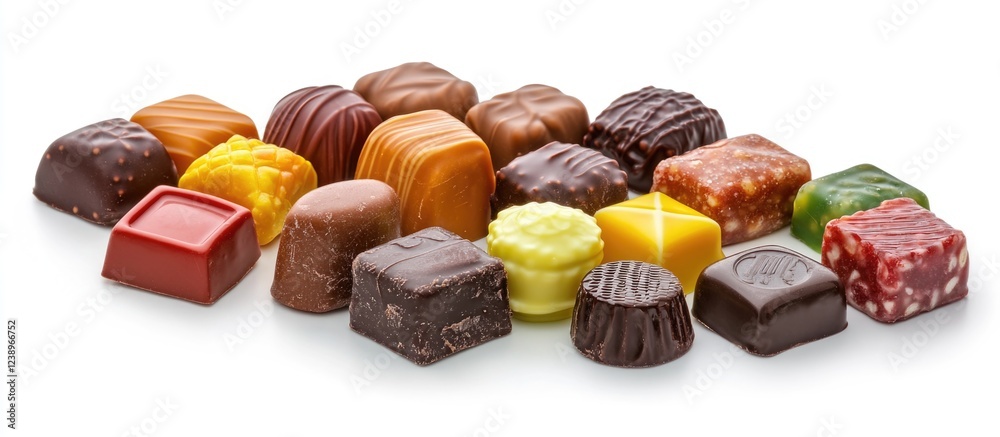 Poster Assortment of assorted chocolates and confections on white background with Copy Space