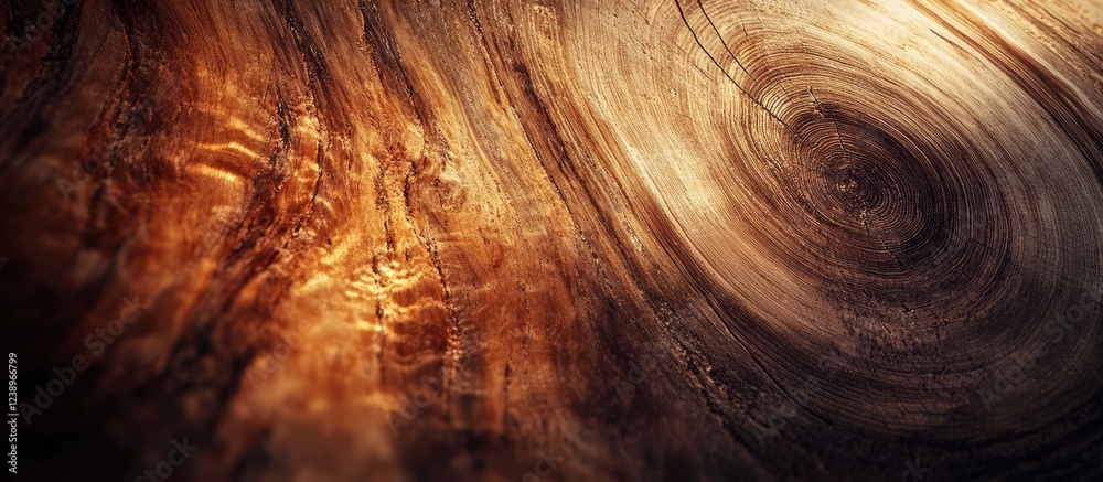 Poster Macro close-up of textured wood grain pattern with rich brown tones and circular saw marks Copy Space