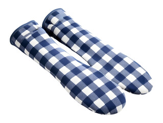 Blue and white checkered oven mitts with a rustic and vintage kitchen style, isolated on transparent background, PNG, cut out