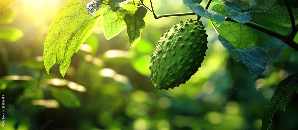 Poster green bitter melon hanging on vine surrounded by lush green leaves with soft sunlight filtering thro